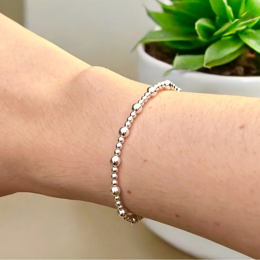 Bracelet Sterling silver beads stretch, no tarnish waterproof beaded 2mm and 3mm